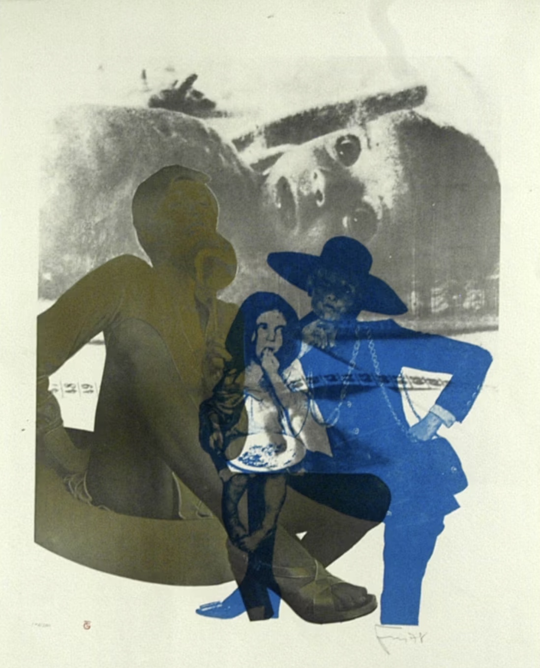 FG – figurative Offsetlithografie in Blau, Grau und Ocker
